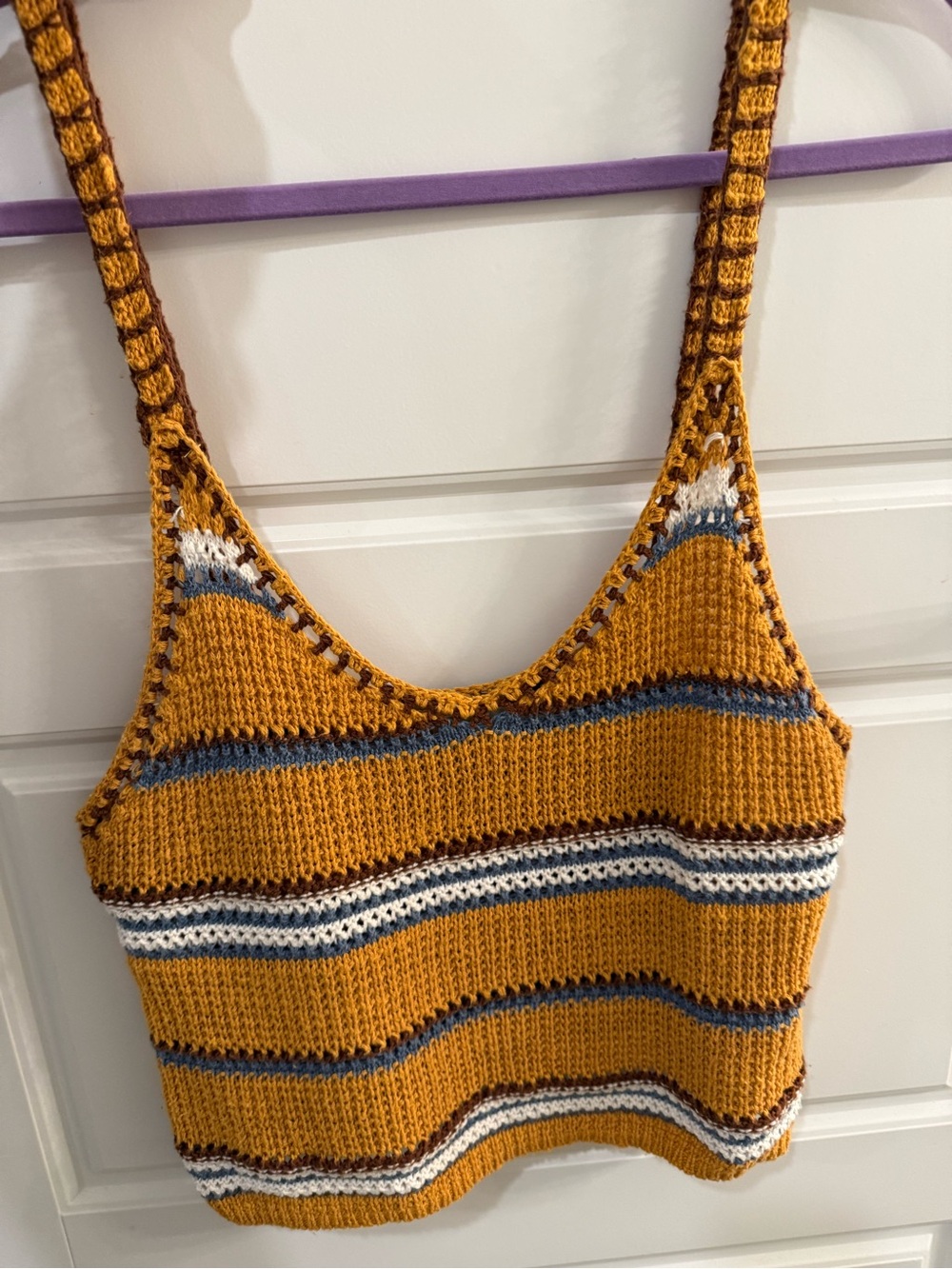 American Eagle Mustard Yellow Striped Cropped Knit Tank